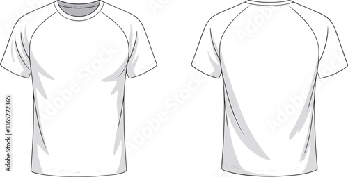 White raglan t-shirt technical sketch template front and back view isolated on white background for apparel design and fashion mockup
