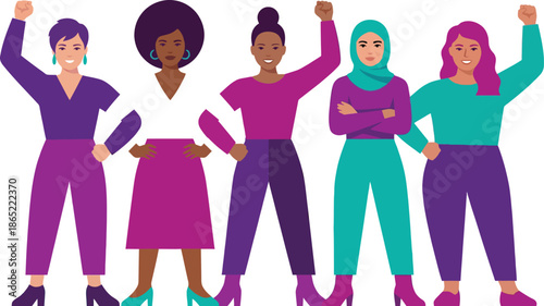 Diverse group of strong women standing together with raised fists and crossed arms showing female power and solidarity for international women's day gender equality rights activism.