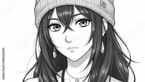 Stunning young woman with long hair wearing beanie and jewelry