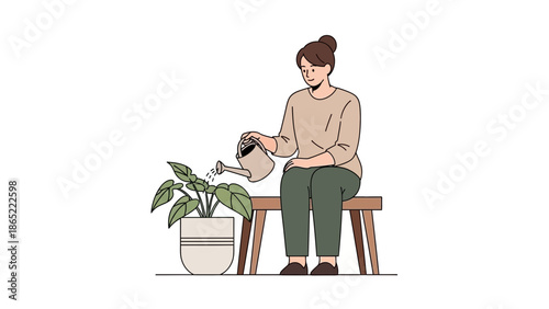 Woman watering houseplant, illustration, home gardening, calm hobby