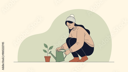 Woman watering plant in pot, illustration, cozy hobby, growth concept