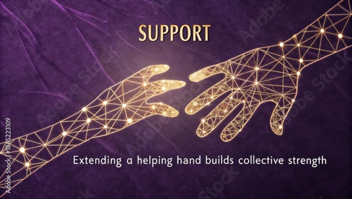 Two stylized glowing hands reaching out to connect, symbolizing support and collective unity, rendered with intricate geometric patterns on a deep purple background.