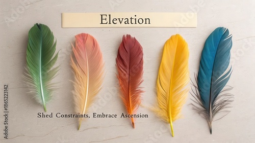 Vibrant naturally shed feathers arranged in a colorful flat lay collection with inspirational text