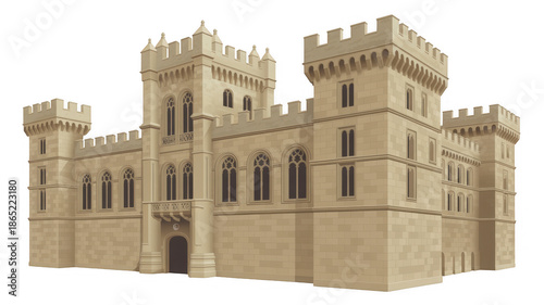 Beige stone castle with towers medieval isolated on a transparent background