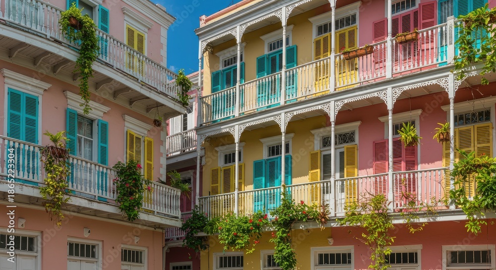 Obraz premium Colorful buildings with balconies and vibrant shutters. A courtyard scene