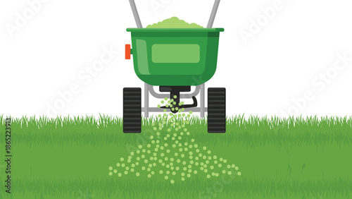 Green lawn spreader actively dispersing granular fertilizer onto a vibrant green lawn, demonstrating effective gardening and turf care.