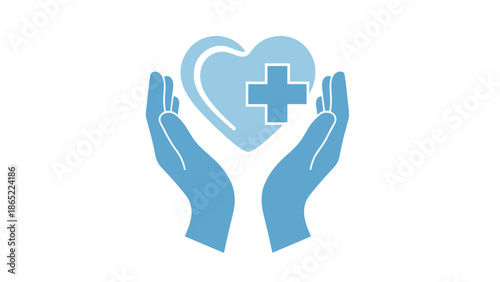 Two cupped hands gently holding a blue heart with a prominent medical cross, symbolizing compassionate healthcare and medical protection.