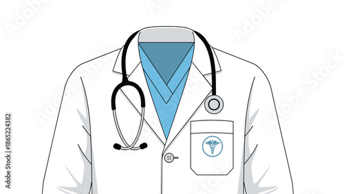 Doctor in a crisp white lab coat with a caduceus logo and a stethoscope around the neck, representing medical care and professionalism.