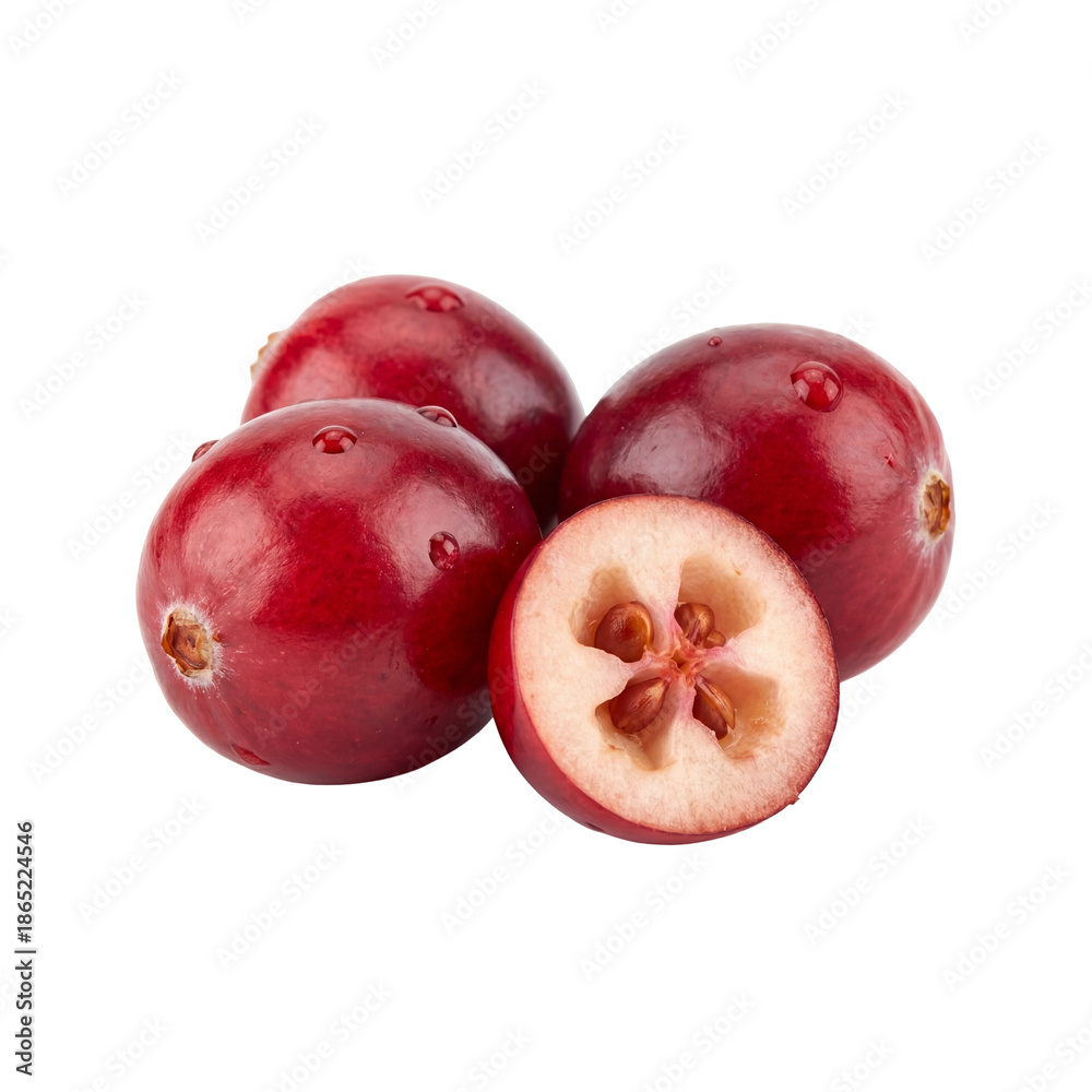 Fototapeta premium Fresh cranberries with glossy red skin, shown whole and halved to reveal pale flesh and seeds, representing ripe berries commonly used in juices, sauces, desserts, and healthy food products.