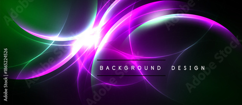 Abstract neon waves, vibrant colors, dark background. Dynamic light effects create futuristic visual impact. Design elements suggest energy, motion.