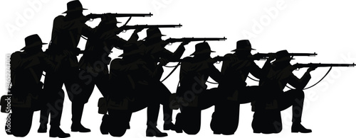 Silhouette of World War I ANZAC Soldiers in Slouch Hats Aiming Rifles in Kneeling and Standing Combat Positions on White Background