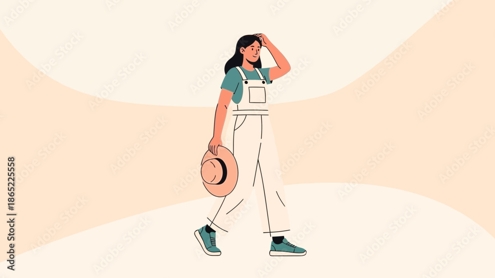 Fototapeta premium Woman in Overalls Walking with Hat, Looking Ahead