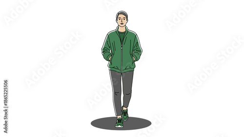 Woman in Green Jacket and Gray Pants Walking, Isolated on White Background