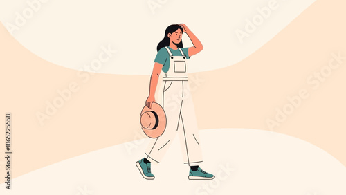 Woman in Overalls Walking with Hat, Looking Ahead