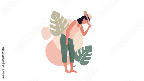 Woman in straw hat looking down, surrounded by tropical leaves and abstract shapes.