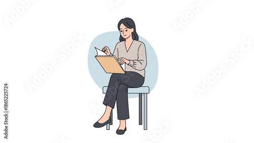 Woman reading a book on a chair, minimalist illustration, calm lifestyle