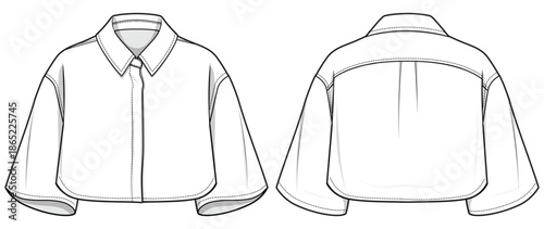 Women's Cropped Shirt Blouse top flat sketch fashion illustration drawing, Short sleeve shirt for girls and ladies template mock up, Oversize baggy shirt blouse with wide long sleeve cad drawing