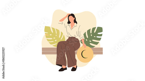 Woman Relaxing on Bench with Hat and Tropical Leaves, Flat Design Illustration