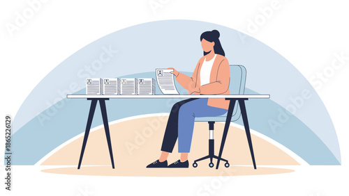 Woman reviewing resumes at desk, recruitment process, HR job application screening, hiring concept