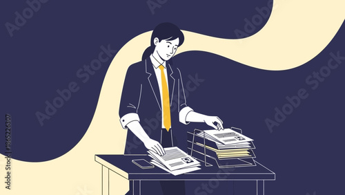 Businesswoman organizing papers at desk, office work, administrative tasks, modern flat illustration