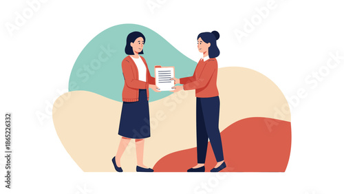 Businesswoman passing document to colleague, teamwork, collaboration, office illustration