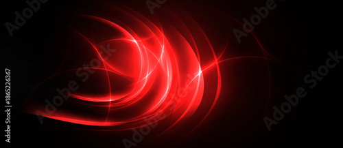 Abstract red lines swirl, creating dynamic energy. Bright glow contrasts dark background, evoking motion, power.