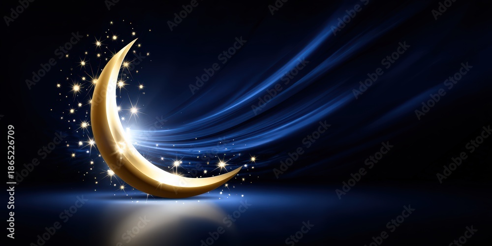Fototapeta premium Glowing Golden Crescent Moon with Sparkling Trail on Dark Background