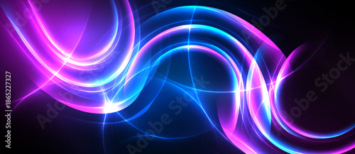Bright neon curves flow across dark background. Vivid purple, blue hues create dynamic abstract design. Energy radiates from central point.
