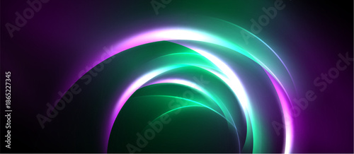 Abstract design features layered glowing arcs. Purple, green, white hues blend creating dynamic visual effect. Smooth gradients dominate composition.