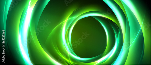Abstract green light swirls create circular patterns. Dark background emphasizes glowing energy, dynamic composition.