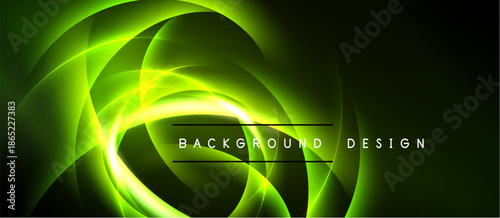 Bright neon swirls dominate dark backdrop. Text reads background design. Vivid green hues create dynamic visual effect.