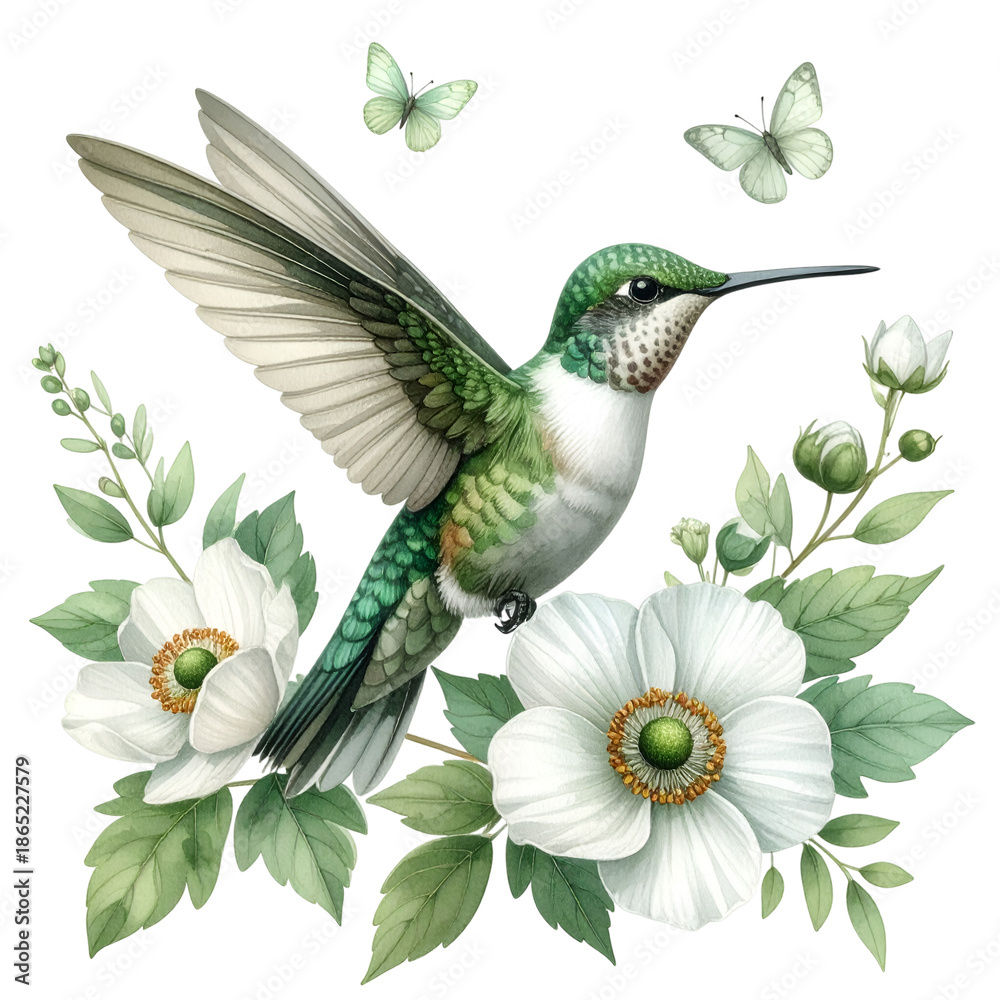 Obraz premium Hummingbird's Paradise: A vibrant hummingbird hovers gracefully amidst delicate white blossoms, as butterflies flutter gently around, celebrating the beauty of nature's delicate design.