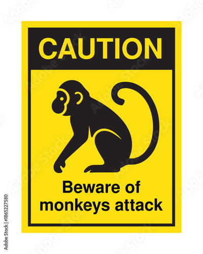 Professional Beware of Monkeys Attack Caution Sign - High Contrast Yellow and Black Primate Warning Vector