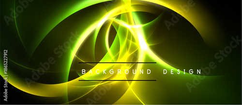 Bright green, yellow abstract lines form swirling shapes. Dark background emphasizes luminous curves, creating dynamic visual effect. Text reads background design.