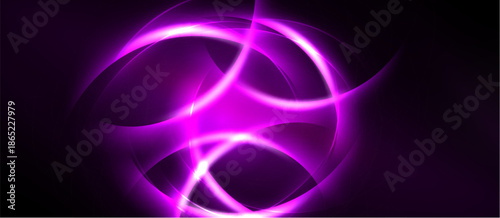 Bright pink abstract lines overlap dark background. Smooth curves create glowing effect, modern design element.