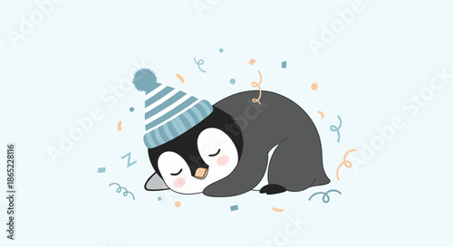 Adorable sleeping penguin wearing a blue striped winter hat surrounded by colorful confetti and zzz icons on a light blue background.