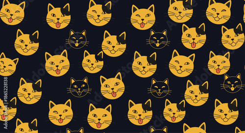 Playful seamless pattern of orange cat faces with their tongues sticking out and various winking expressions on a dark background.
