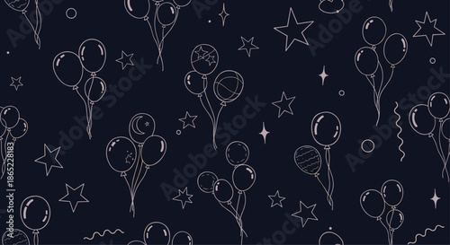 Dreamy seamless pattern featuring outline drawings of balloons, stars, and crescent moons on a dark blue background for celebrations.