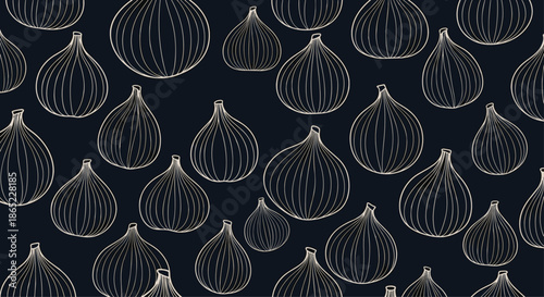 Elegant seamless pattern of stylized fig fruits with fine line details displayed on a dark background for kitchen or textile designs.