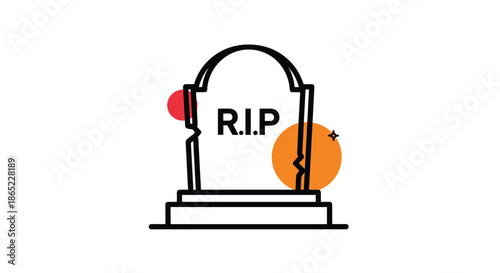 Stylized tombstone icon with RIP text and abstract orange and red circles on a white background representing death and mourning.