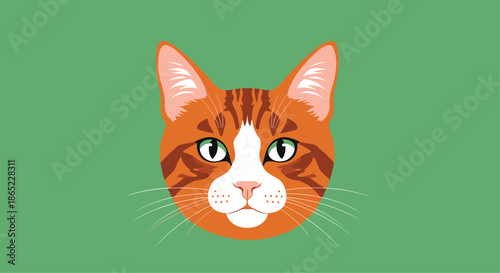 Close up portrait of an orange tabby cat with green eyes and white markings on a solid green background for pet lovers.