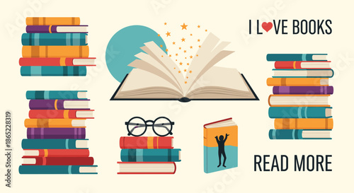 Collection of book related illustrations featuring stacks of books an open book glasses and inspirational reading slogans.