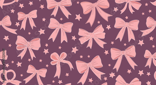 Whimsical repeating pattern of pink ribbon bows and small stars on a dark purple background for girls room decor and wallpaper.