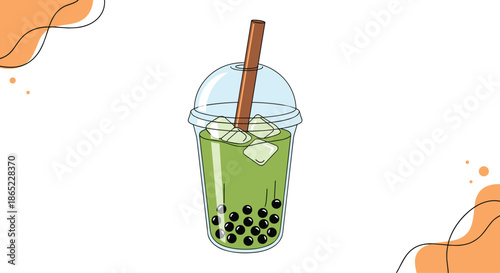 Refreshing matcha green tea bubble tea with ice cubes and black boba pearls in a clear plastic cup with a brown straw on white.