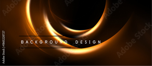 Dark background features glowing orange swirls. Abstract design suggests energy, movement, depth. Text reads background design.