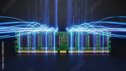 Green RAM memory module with vertical and horizontal glowing blue data lines showing high speed AI processing.
