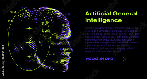 Human head profile in profile formed by dense glowing dots on black background, with scattered purple numerical values around it. Conceptual vector illustration for artificial general intelligence.