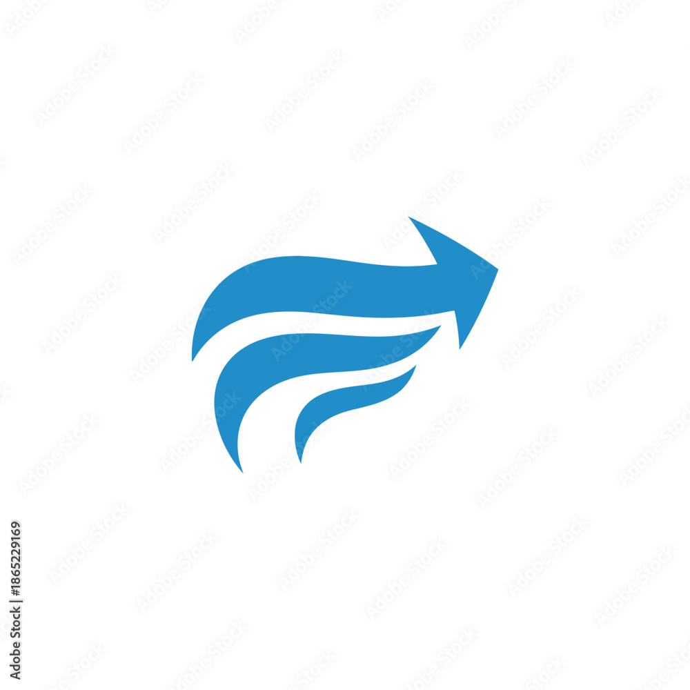 Fototapeta premium Dynamic blue arrow icon symbolizing movement and direction on a clean white background