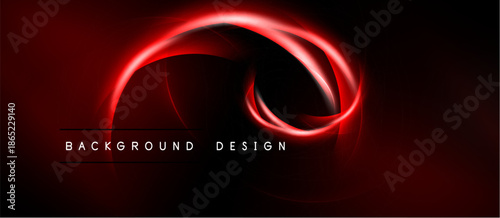 Abstract red swirl design over black background. Text reads background design. Dramatic lighting creates dynamic visual effect.