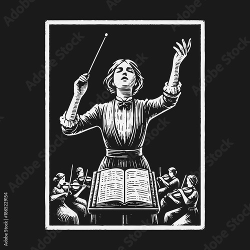 Vintage woodcut illustration of a female conductor leading an orchestra.